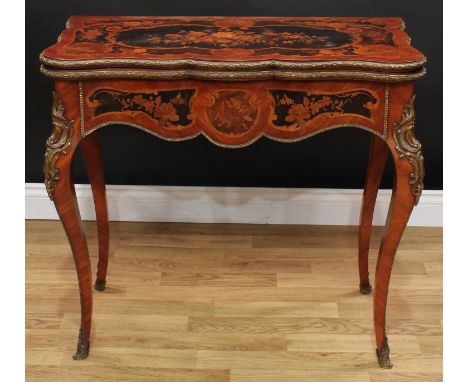 A 19th century Louis XV Revival gilt metal mounted kingwood and marquetry shaped rectangular card table, hinged top enclosing