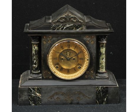 A 19th century French verde antico and black marble mantel clock, 10cm gilt dial with Roman numerals, Brocot escapement, 8 da