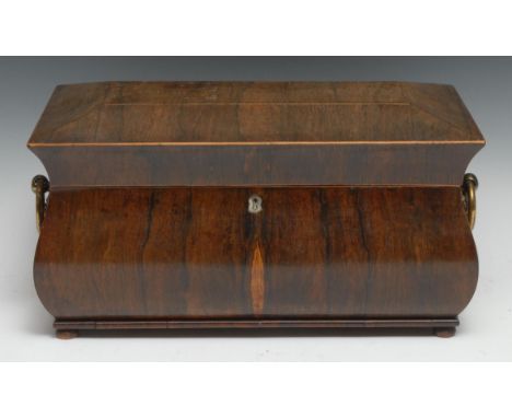 A George IV rosewood sarcophagus tea caddy, brass ring loop handle, the interior later fitter with  three continental canted 
