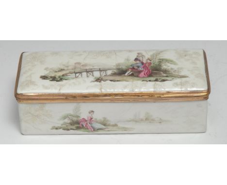 A large 18th century enamel table-top box, the hinged cover and sides well-painted with figures in Italianate landscapes, on 