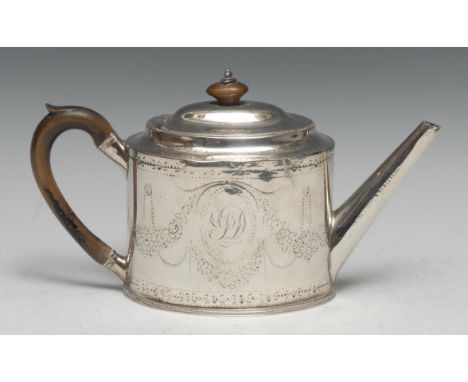 Hester Bateman - a George III silver oval teapot, bright-cut engraved in the Neo-Clssical taste with swags, flowers and wrigg