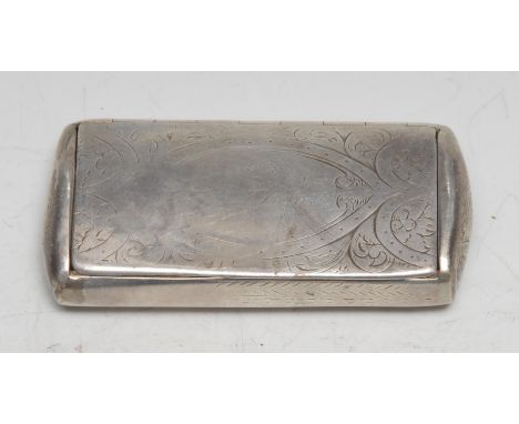 A Victorian silver rounded rectangular snuff box, engraved with leafy strapwork , hinged cover, gilt interior, 8cm wide, Alfr