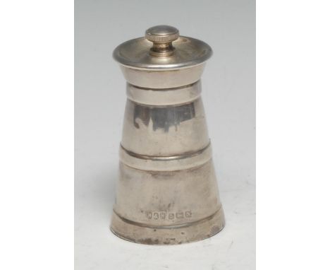 A George V silver novelty pepper grinder, as a coopered milk churn, 8cm high, Hukin &amp; Heath, Birmingham 1936 