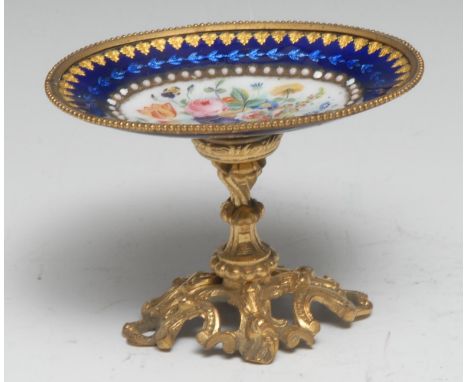 A 19th century French gilt-metal mounted Limoges enamel miniature cabinet comport, painted with colourful country flowers wit