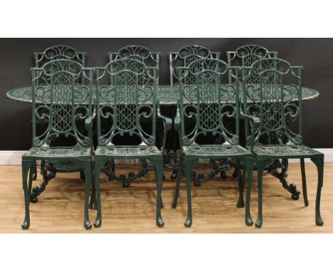 A contemporary cast alloy garden suite, the dining table in the manner of Coalbrookdale, 73cm high, 234cm long, 95cm wide, a 
