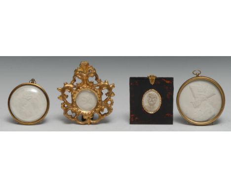 Four Grand Tour and Old Master intaglio impressions, white plaster matrices, gilt and faux tortoiseshell frames, the largest 