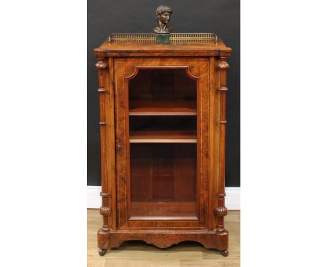 A Victorian walnut and marquetry music room cabinet, hipped rectangular top with shallow gallery inlaid in burr, boxwood and 