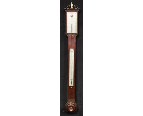 A George III mahogany stick barometer, 9cm rectangular silvered register inscribed William Harris &amp; Co, 50 Holborn, Londo