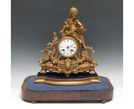 A 19th century French gilt metal mantel clock, 7.5cm enamel dial inscribed with Roman numerals, twin winding holes, fourteen 