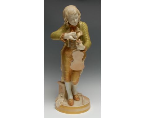 A large Royal Worcester figure, The Violinist/The Young Mozart, possibly modelled by Thomas Brock, standing tuning his instru