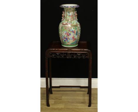 A Chinese padouk wood occasional table, rectangular panel top above a deep frieze, pierced and carved with blossoming prunus,