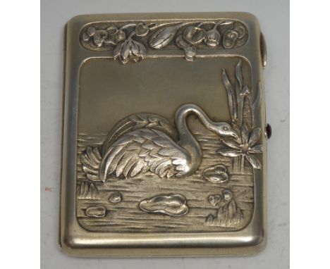 A Russian silver-gilt rounded rectangular cigarette case, the hinged cover in relief with a swan amongst water plants, in the