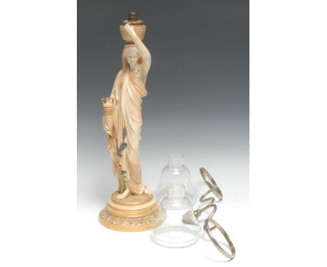 A Royal Worcester figural table lamp, made for Clarke's Cricklite Lamps, she stands wearing flowing robes holding an amphora,