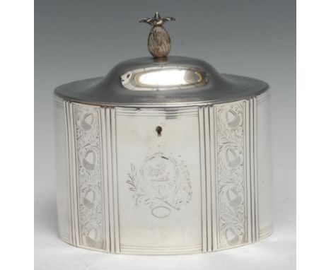 A George III Provincial silver oval tea caddy, hinged domed cover with pineapple finial, bright-cut engraved with with acorns