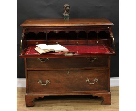 A 19th century mahogany secretaire chest, crossbanded rectangular top with moulded edge above three long drawers, the upper f