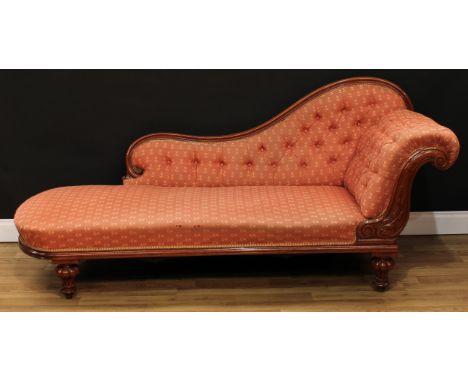 A William IV mahogany chaise longue, deep-button back, stuffed-over upholstery, bulbous-reeded legs, 84.5cm high, 193cm long,