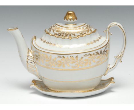 A Worcester Flight Barr boat shaped teapot, cover and stand, gilded with a band of scrolling foliage, 26cm high,  c. 1805 
