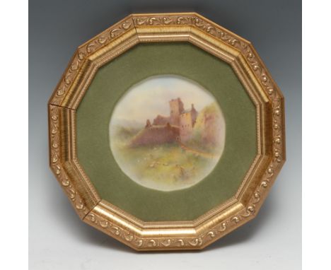 A Royal Worcester circular plaque, painted by Jas Stinton, with  Dunstarr Castle, 13cm diam,  green slip, framed 