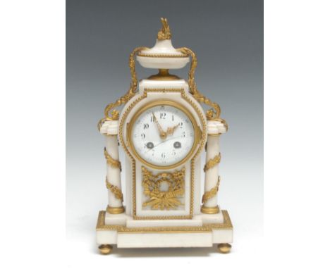 A Louis XVI style ormolu and white marble mantle clock, 9cm circular enamel dial with Arabic numerals, twin winding holes, th