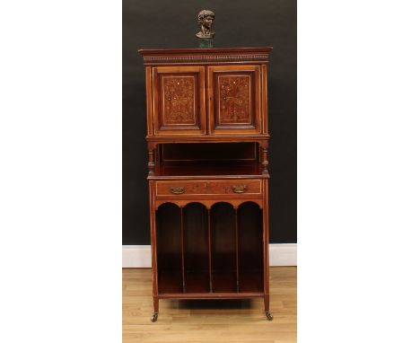 A late Victorian mahogany and marquetry music salon cabinet, retailed by T. Wallis &amp; Co, London, moulded rectangular top 