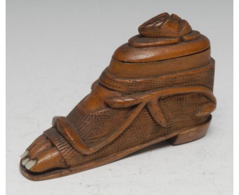 A 19th century novelty snuff box, carved as a foot, the toenails inlaid with abalone, bearded mask to cover, 12.5cm long, c.1
