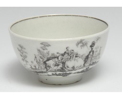 A rare Worcester Smokey Primitive or Transitional Period L'Amour pattern tea bowl, printed and picked out in black, the inter