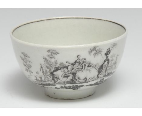 A rare Worcester Smokey Primitive or Transitional Period L'Amour pattern tea bowl, printed and picked out in black, the inter