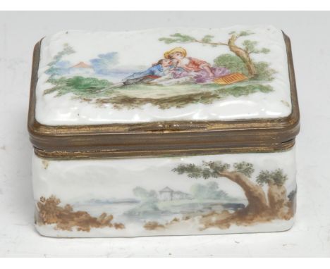 A German Rococo porcelain rounded rectangular snuff box, the hinged cover painted with lady and her beau seated in a Pictures