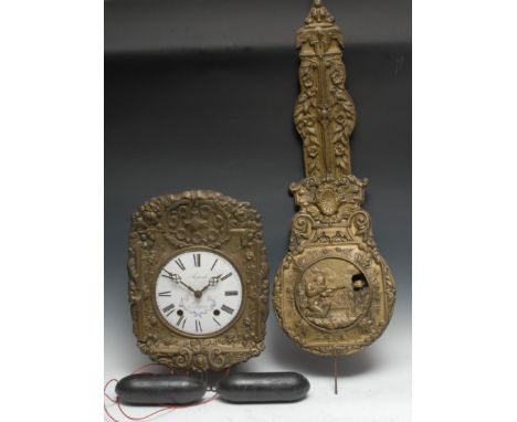 A 19th century French brass comtoise or morbier clock, 21cm enamel dial inscribed Aupech Dyon, Roman numerals, twin winding h