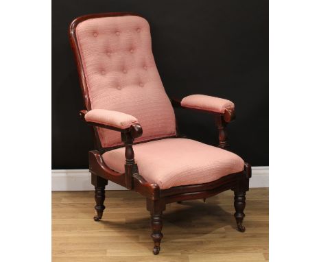 A Victorian mahogany campaign armchair, by Grindlay &amp; Co, 63 Cornhill and 124 Bishopsgate Street, London, arched back, sc