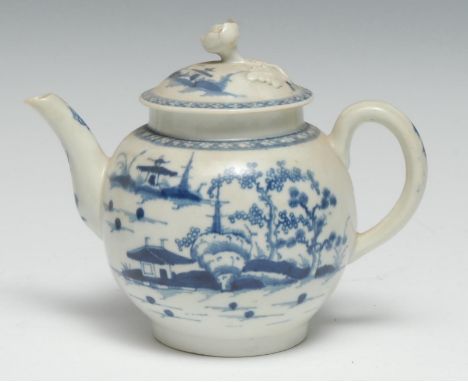 A Worcester Cannonball pattern  teapot and cover, painted in underglaze blue with islands with trees, house and pagoda and ca