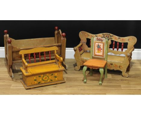 Miniature Furniture - an early-mid 20th century painted bench, possibly Scandinavian, painted with flowers and leaves, 35.5cm
