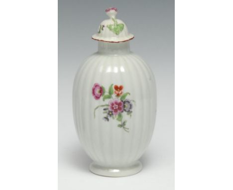 A Worcester fluted tea canister and cover,  painted with scattered English flowers, 14cm high, c.1775 