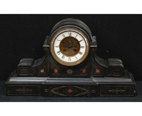 A 19th century French black marble drum head mantel clock, 13cm enamel dial inscribed with Roman numerals, Brocot escapement,