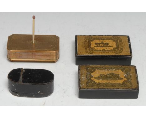 A George III toleware oval nutmeg grater, hinged cover enclosing a rasp, compartment to base, 6.5cm wide, c.1800; a 19th cent