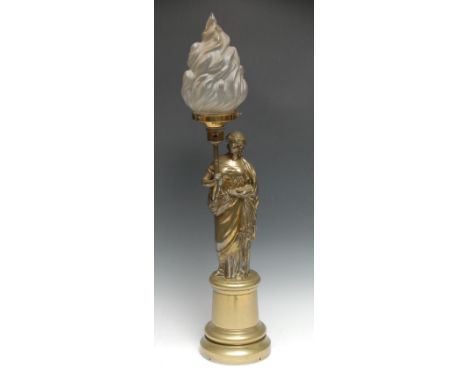 An early 20th century brass figural table-lamp, cast as a Classical maiden, plinth base, flame shade, 70cm high 