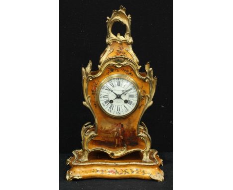 A Louis XV Revival gilt metal mounted Vernis Martin cartouche shaped mantel clock and bracket, 10cm dial inscribed Passerat, 