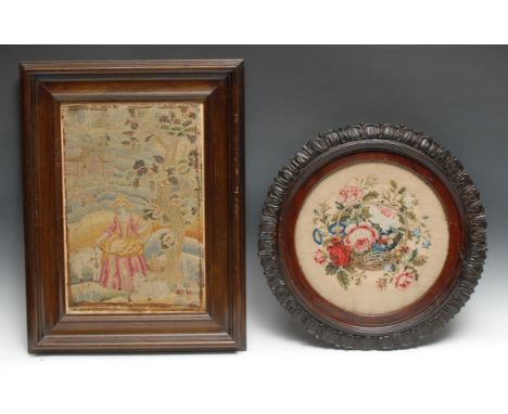 An 18th century tapestry panel, worked in coloured wools with a shepherdess, in a bountiful landscape, 38.5cm x 25cm; a 19th 