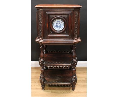 An unusual 19th century Flemish room centre cabinet on stand, moulded chamfered square top above a panel door set with a Dutc