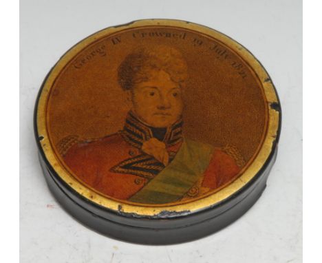 Royalty - a George IV papier mache circular snuff box, commemorative of the coronation, printed with a bust-length portrait a