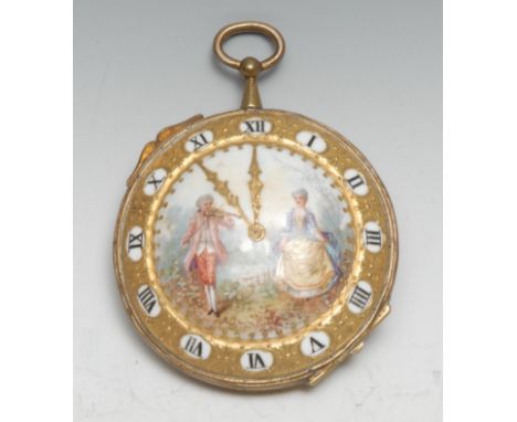 An unusual 19th Century French gilt metal mounted porcelain novelty bonbonniere or snuff box, well painted with a gallant ser