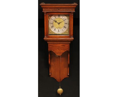 A George I/II lantern form clock, of longcase type, 27.5cm square brass dial inscribed William Monk, Barwick St John, Roman a