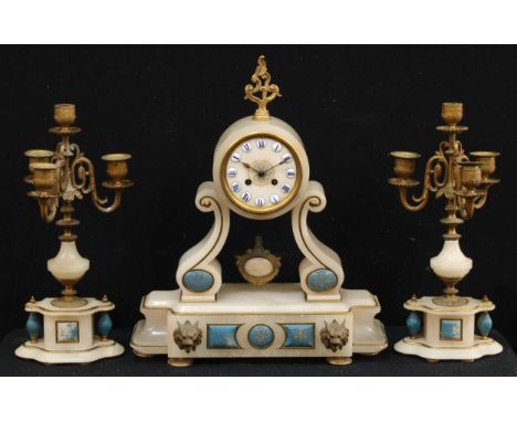 A 19th century French Grecian Revival alabaster clock garniture, 9.5cm circular dial inscribed upon enamel reserves with Roma