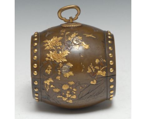 Kyoto Kumagaya tsukuri, A fine Japanese barrel shaped bronze and mixed metal box and cover, finely inlaid with panels of bird