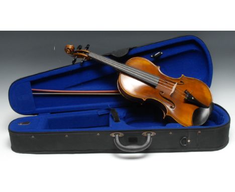 A violin, the two-piece back 35.6cm long excluding button, outlined with double-purfling and inlaid with strapwork, 61cm long