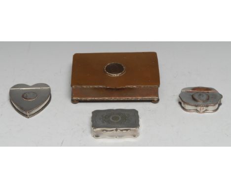 A George III Old Sheffield Plate heart shaped snuff box, hinged cover, 7cm long, c.1800; another, serpentine; etc (4) 
