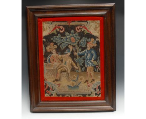 A Continental gros and petit point  picture, depicting allegorical figures served at a table, 47.5cm x 35cm, 18th/19th centur