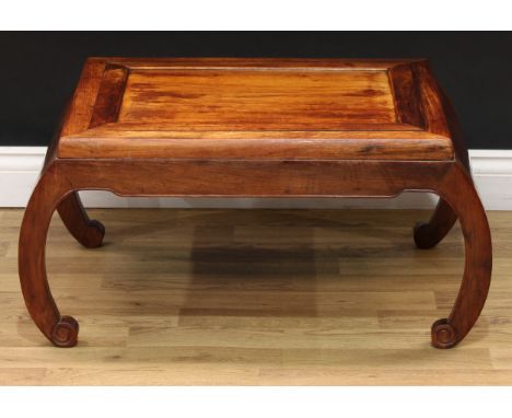 A Chinese hardwood low tea table, rectangular panel top, scroll end supports, 36cm high, 74cm wide, 50cm deep 