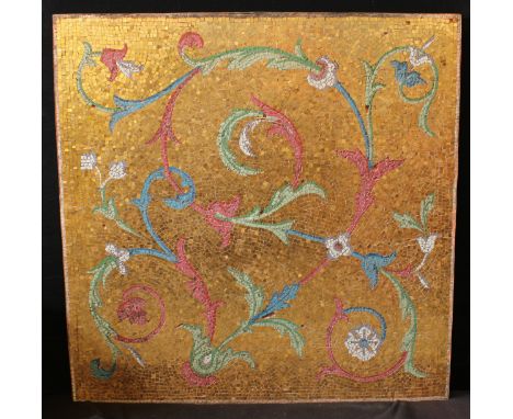 A large mosaic floor panel, inlaid in the Roman manner with polychrome and copper coloured tesserae with scrolling leaves and