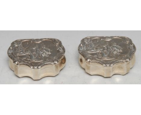 A pair of unusual Victorian silver commode shaped vesta boxes, hinged covers chased with scenes after Classical antiquity, ma